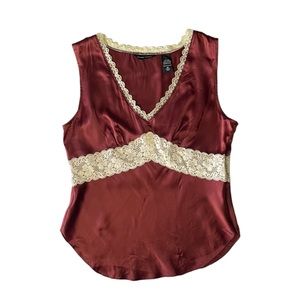 New York & Company 100% Silk Burnt Orange Cream Lace Trim Tank Top Medium